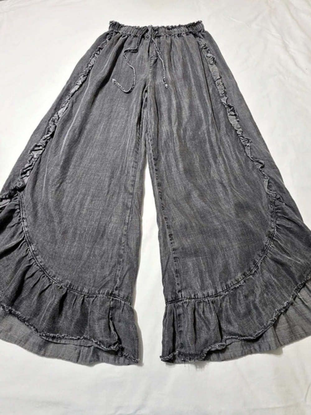 Three Bird Nest Gianna Washed Denim Chambray Ruffled Wide Leg Pants